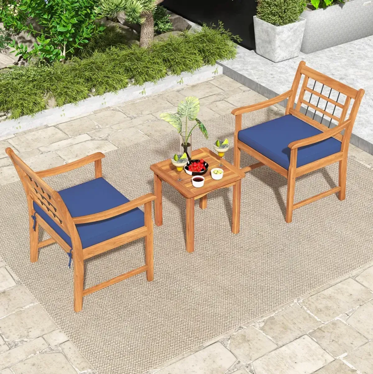 3 Piece Wood Patio Furniture Set with Seat Cushions and Acacia Wood Frame