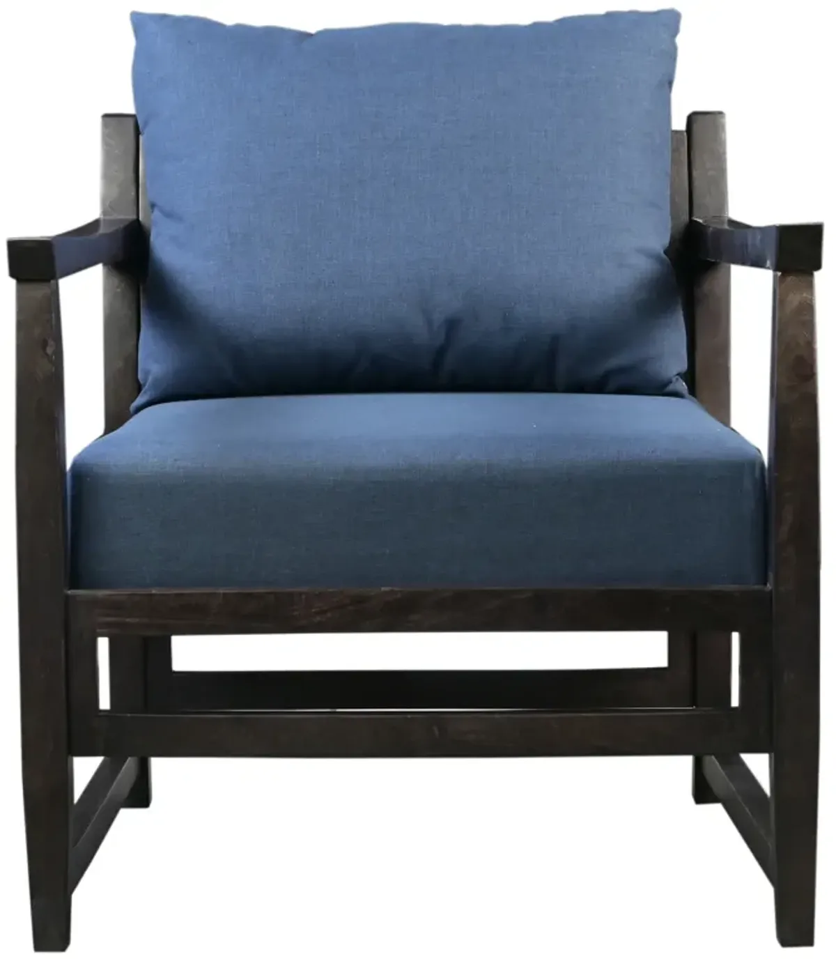 Malibu 27 Inch Handcrafted Mango Wood Accent Chair, Fabric, Pillow Back, Open Frame, Blue, Black-Benzara