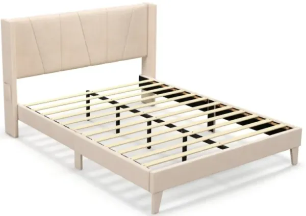 Full/Queen Size Upholstered Bed Frame with Geometric Wingback Headboard