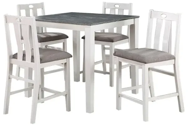 Helio 5 Piece Counter Height Dining Table and Chairs Set, White Wood, Gray - Benzara