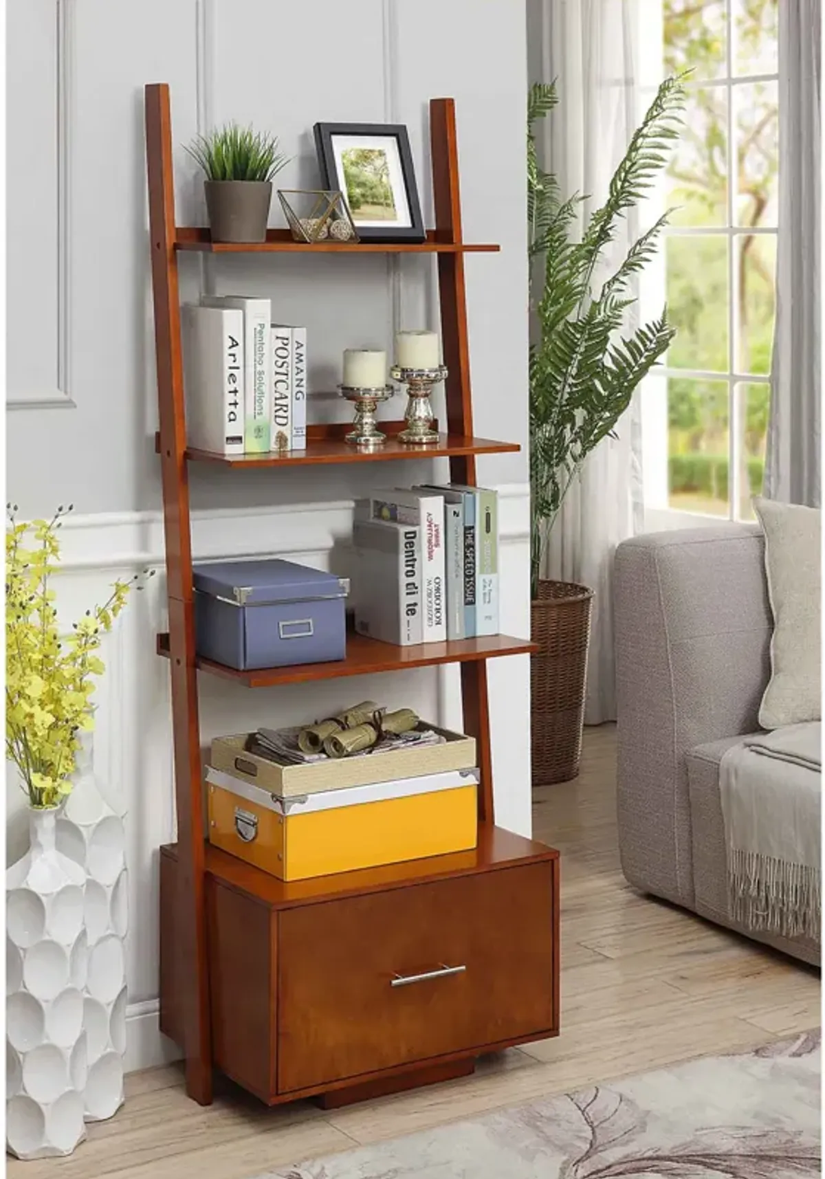 Convenience Concepts American Heritage Ladder Bookcase with File Drawer, Cherry