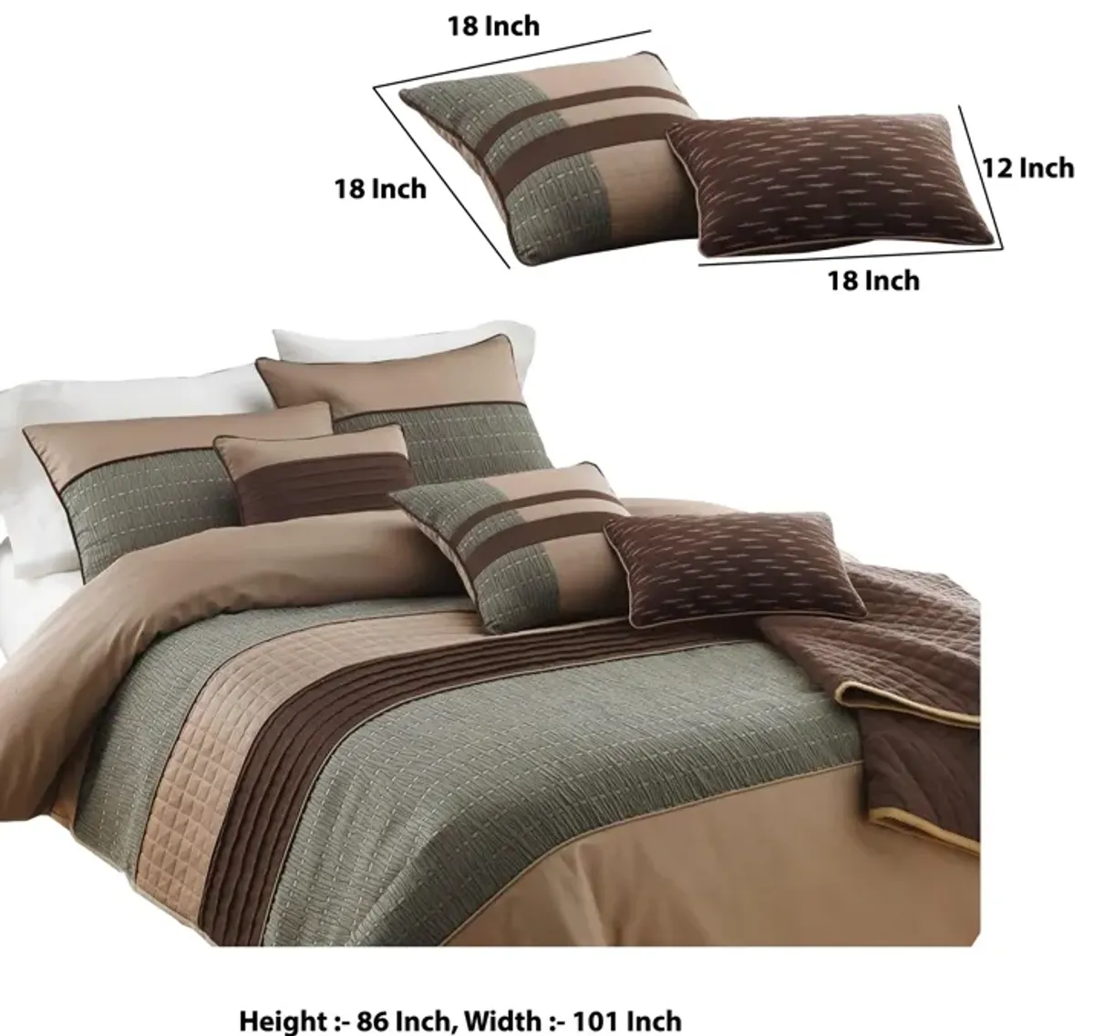 7 Piece King Polyester Comforter Set with Pleats and Texture, Gray and Brown-Benzara