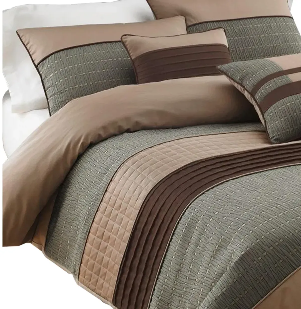 7 Piece King Polyester Comforter Set with Pleats and Texture, Gray and Brown-Benzara