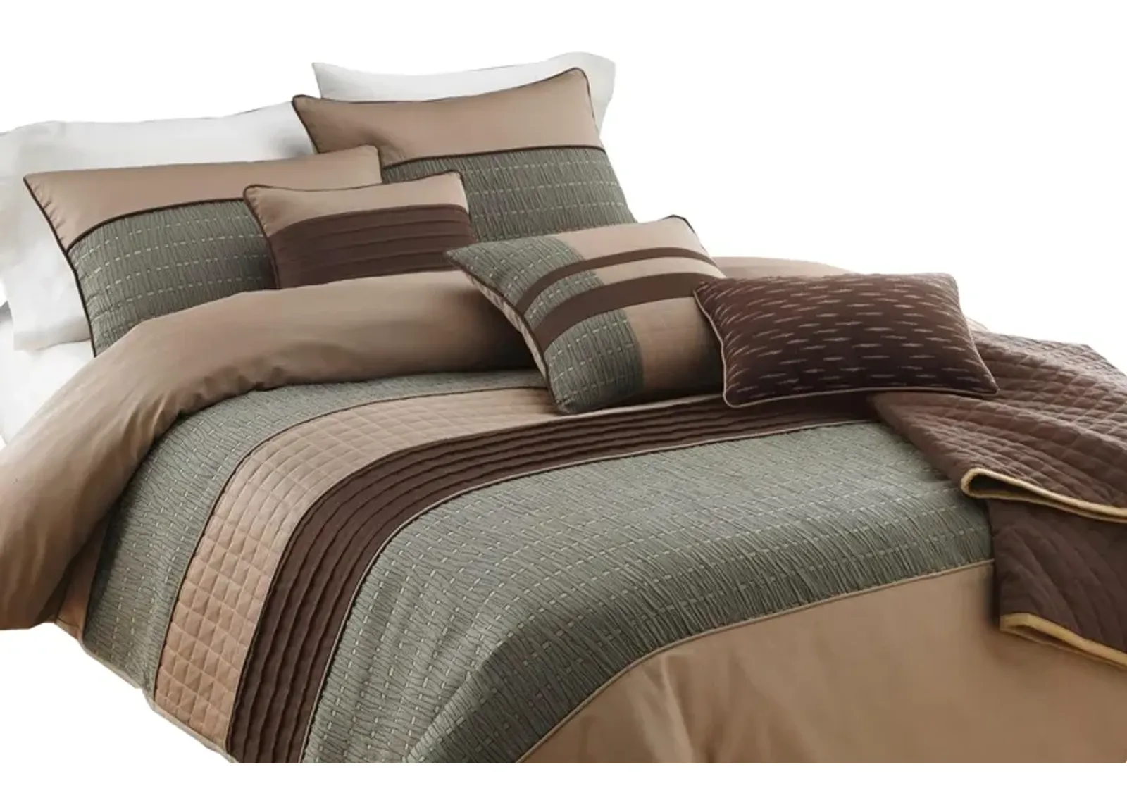 7 Piece King Polyester Comforter Set with Pleats and Texture, Gray and Brown-Benzara