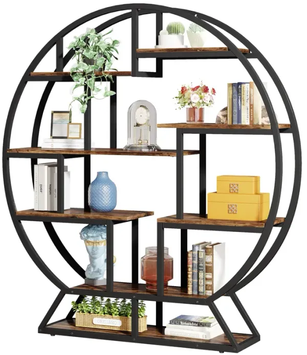 Round Bookshelf, 63 Inch Industrial Wood Shelf with Staggered Shelves, Rustic Open Shelving Organizer Rack Display Shelf for Home Office, Living Room