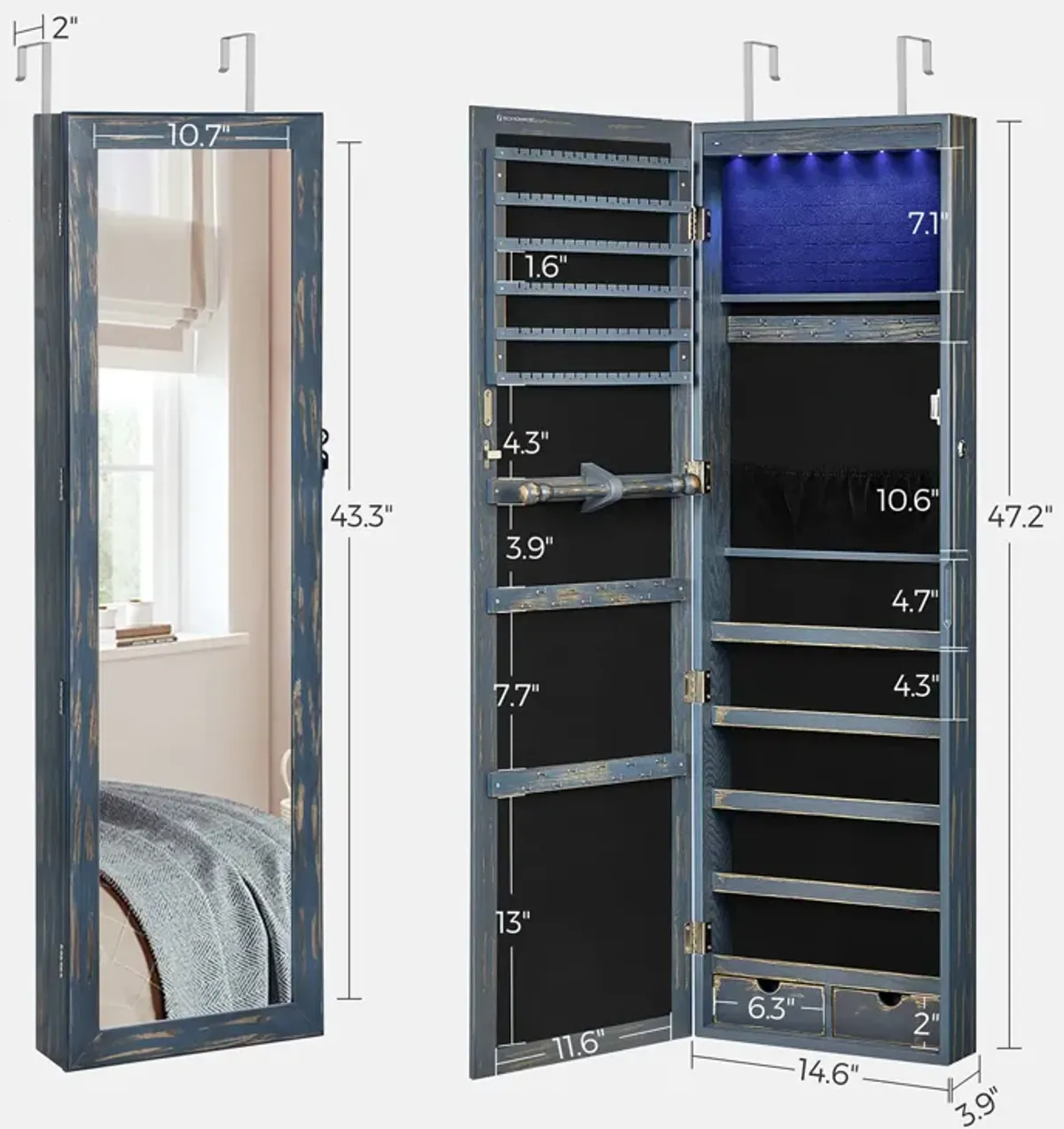 Wall/Door Mounted Jewelry Armoire 6-LED Mirror Cabinet with Lock, 2 Drawers, and Organizer