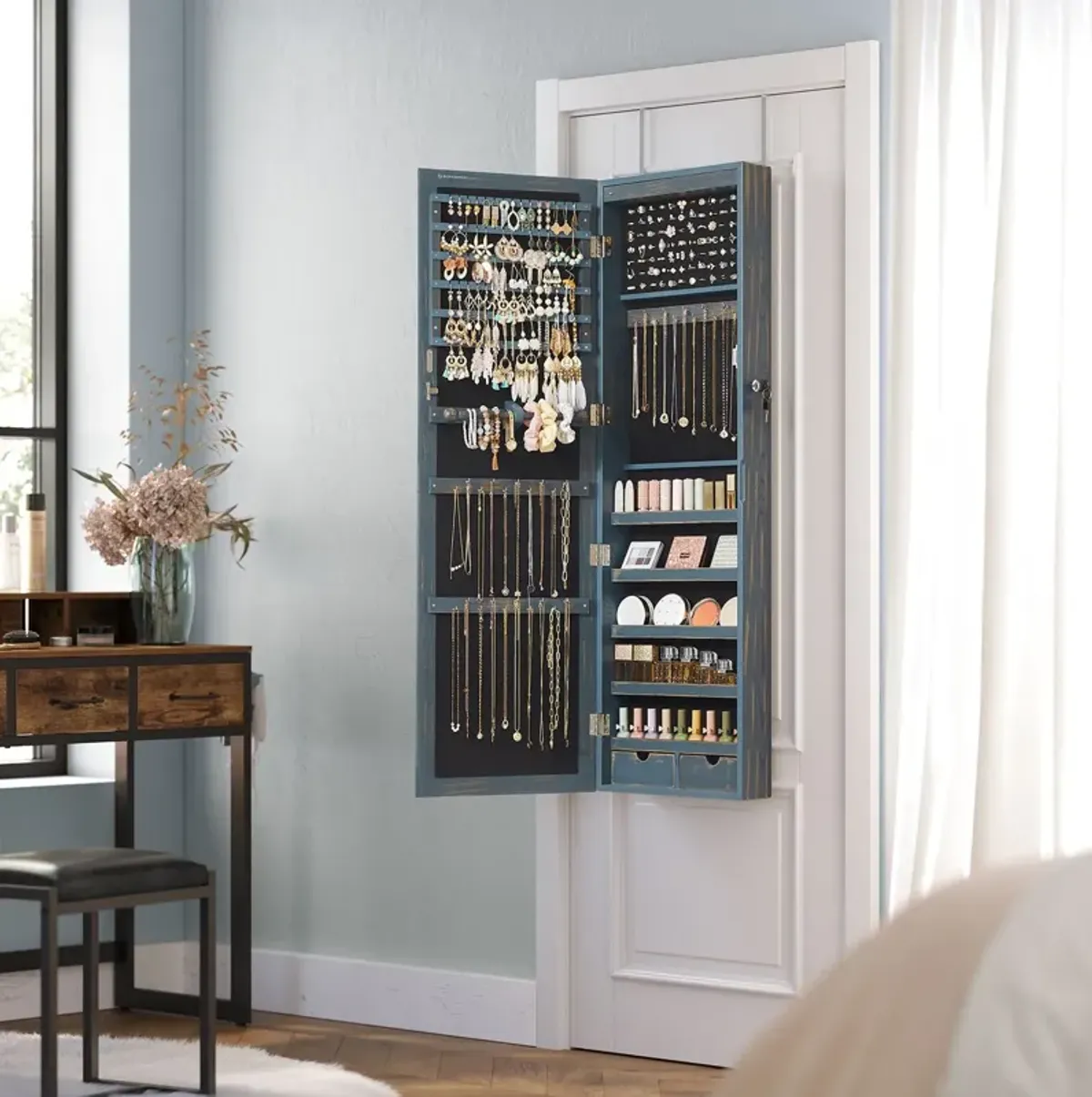 Wall/Door Mounted Jewelry Armoire 6-LED Mirror Cabinet with Lock, 2 Drawers, and Organizer