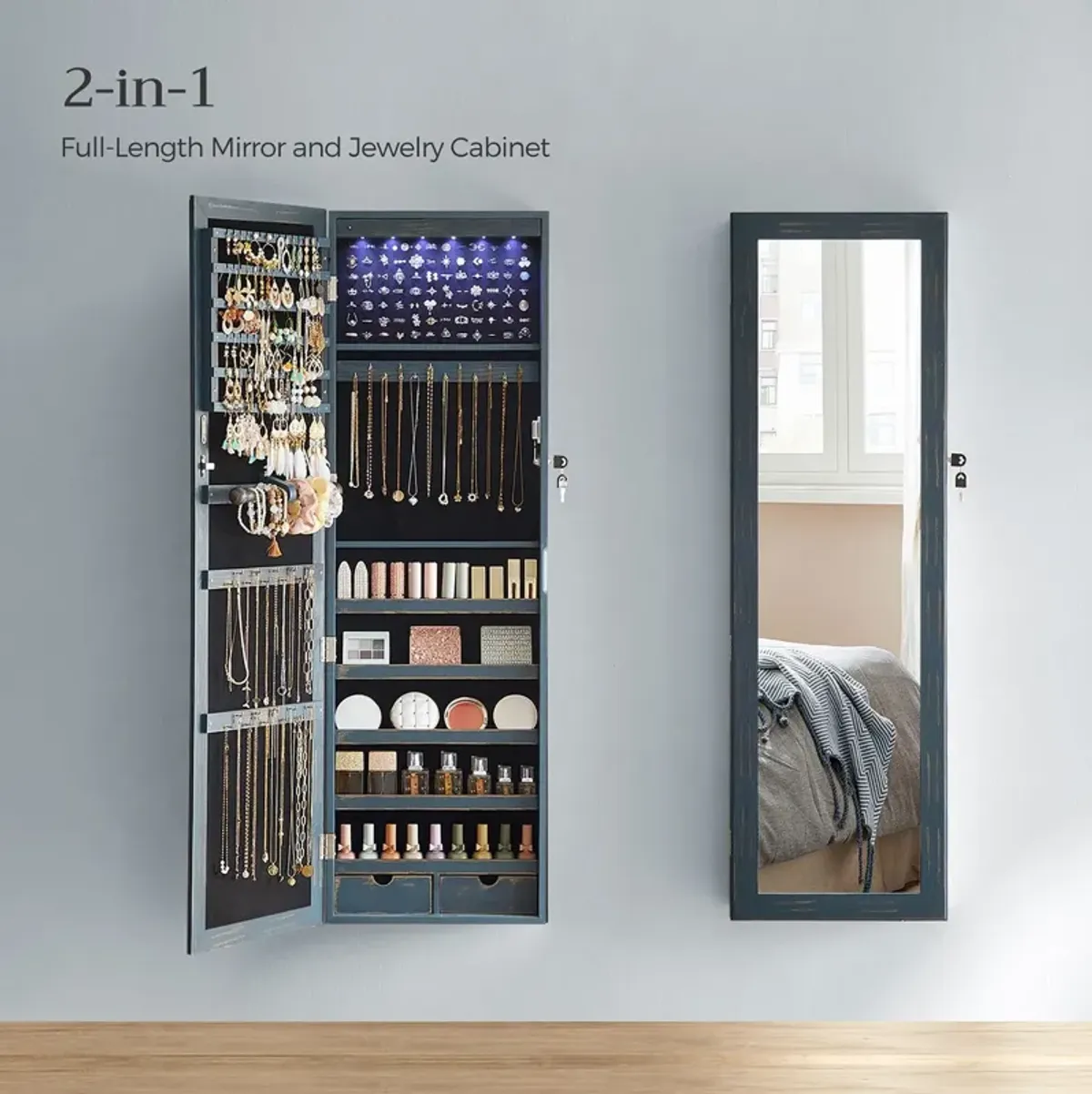 Wall/Door Mounted Jewelry Armoire 6-LED Mirror Cabinet with Lock, 2 Drawers, and Organizer