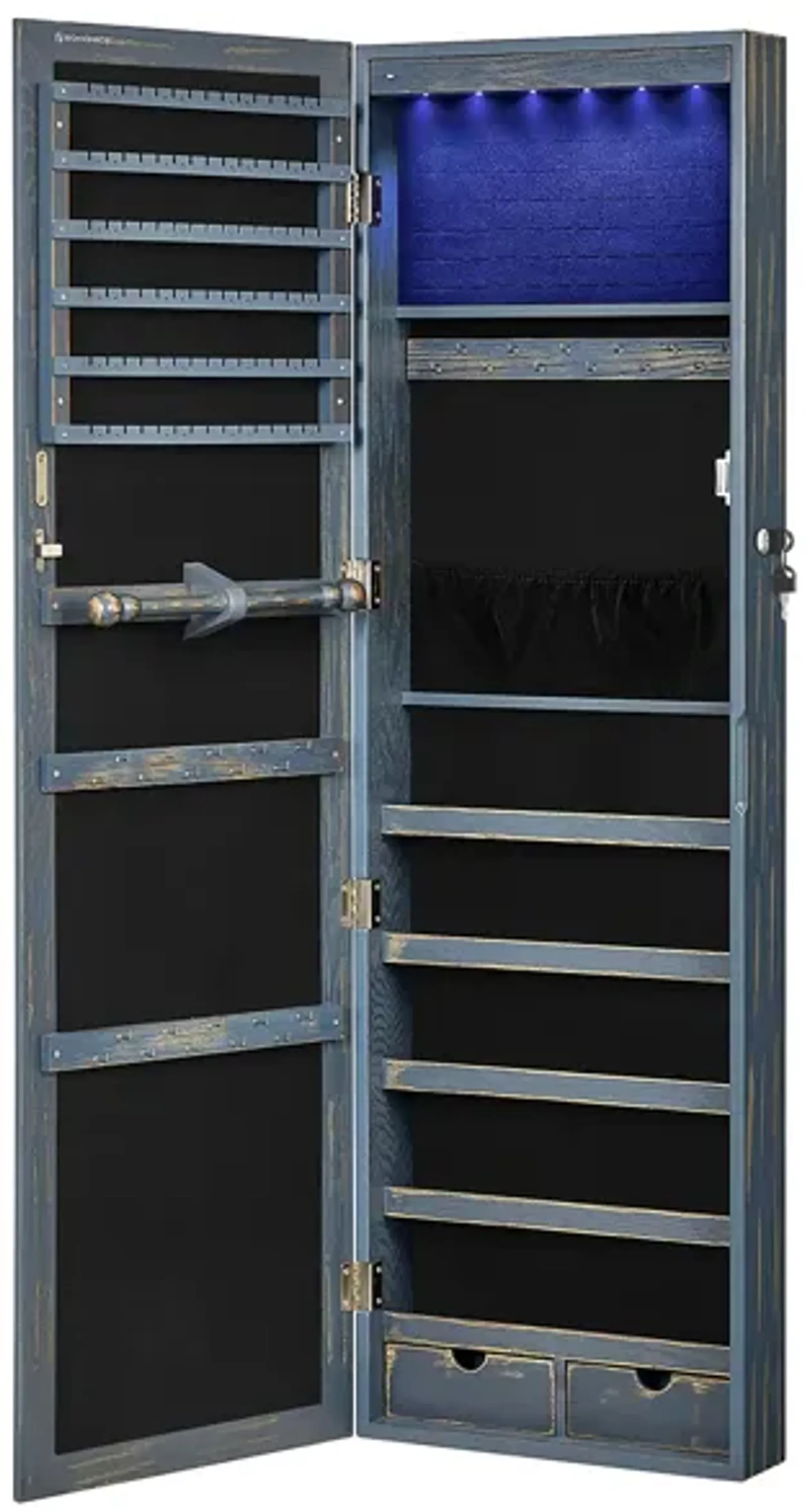 Wall/Door Mounted Jewelry Armoire 6-LED Mirror Cabinet with Lock, 2 Drawers, and Organizer