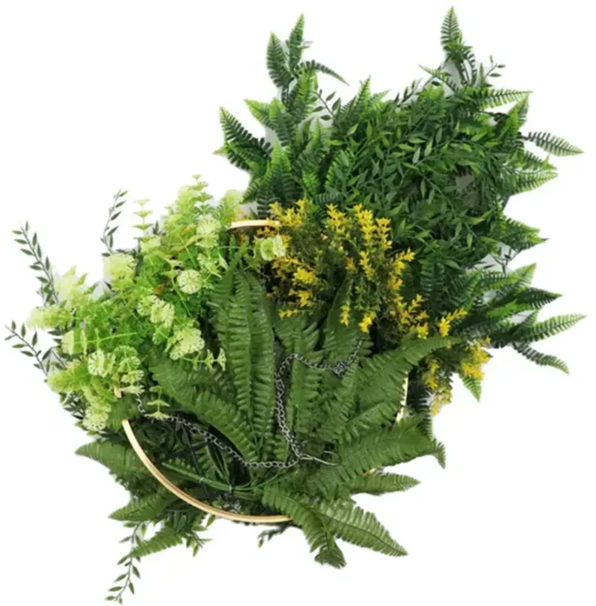 Gold Framed Roof Hanging Disc With Bright Tropical Folaige Mix and Draping Ferns 15.75" UV Resistant