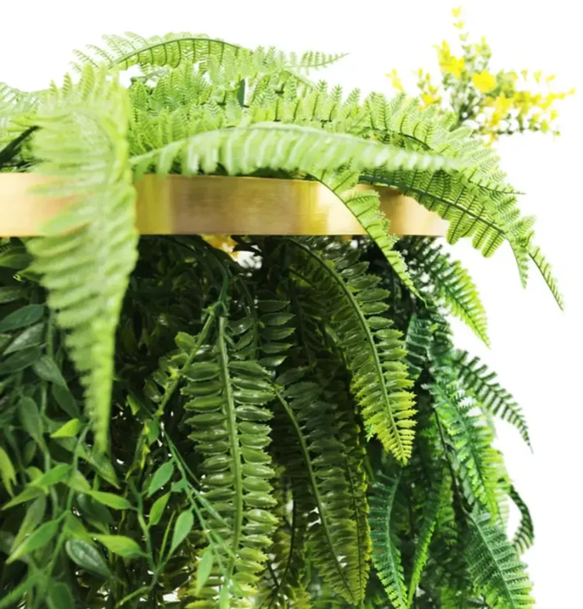 Gold Framed Roof Hanging Disc With Bright Tropical Folaige Mix and Draping Ferns 15.75" UV Resistant