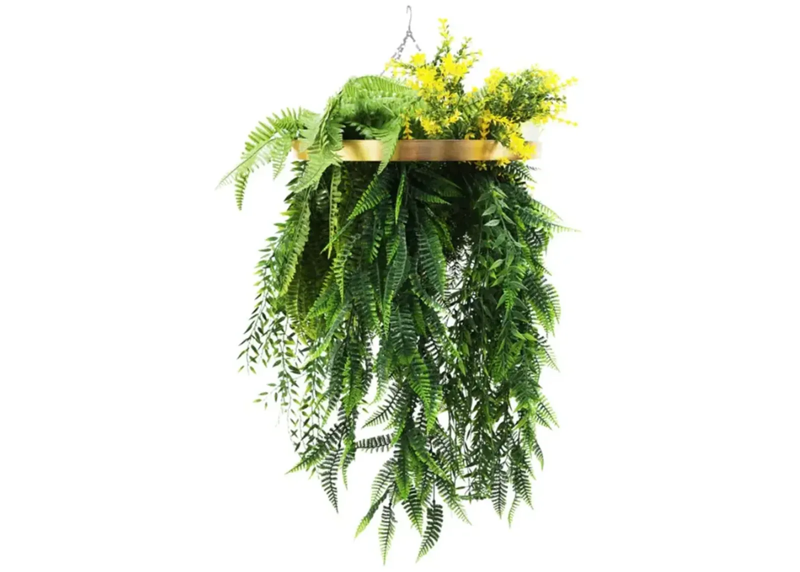 Gold Framed Roof Hanging Disc With Bright Tropical Folaige Mix and Draping Ferns 15.75" UV Resistant