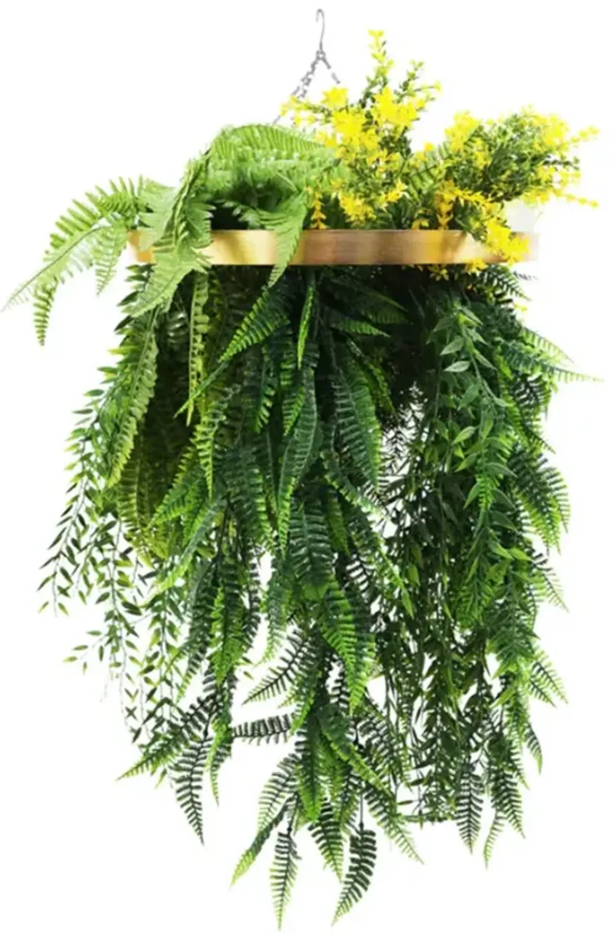 Gold Framed Roof Hanging Disc With Bright Tropical Folaige Mix and Draping Ferns 15.75" UV Resistant