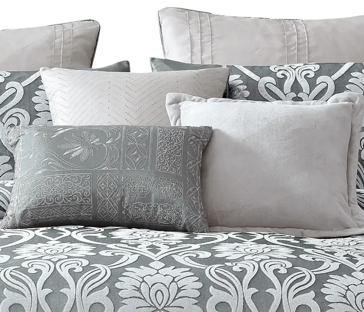 Emma 9 Piece Polyester Queen Comforter Set, Gray Silver Velvet Damask Print - Benzara