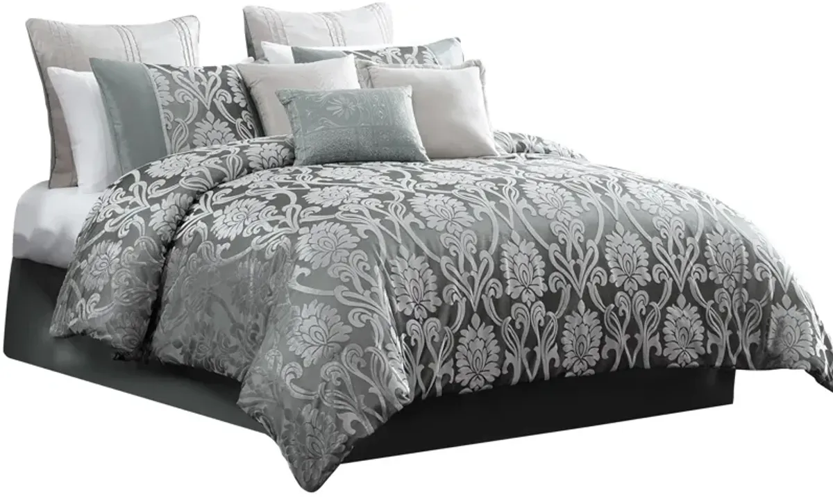 Emma 9 Piece Polyester Queen Comforter Set, Gray Silver Velvet Damask Print - Benzara