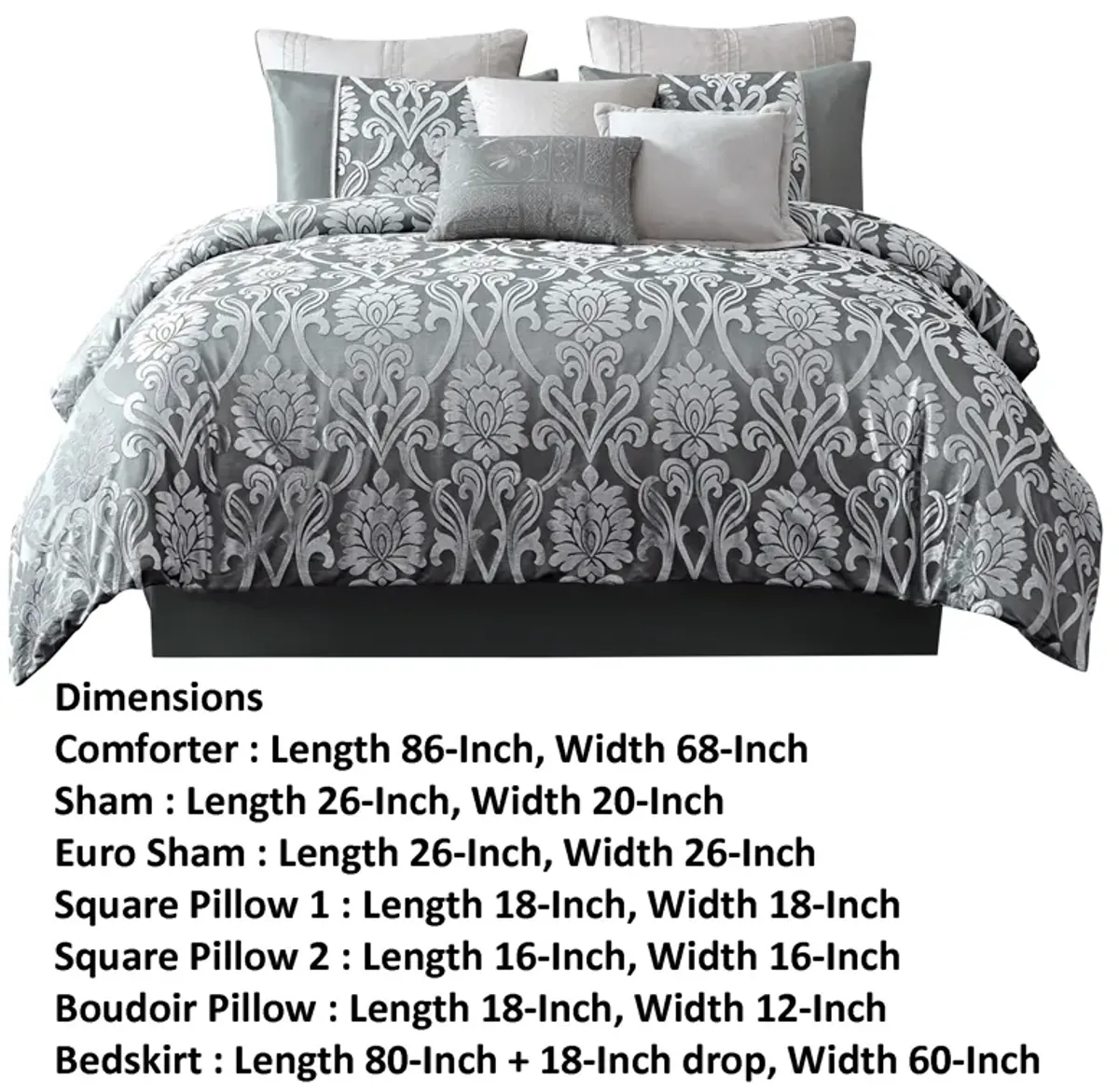 Emma 9 Piece Polyester Queen Comforter Set, Gray Silver Velvet Damask Print - Benzara