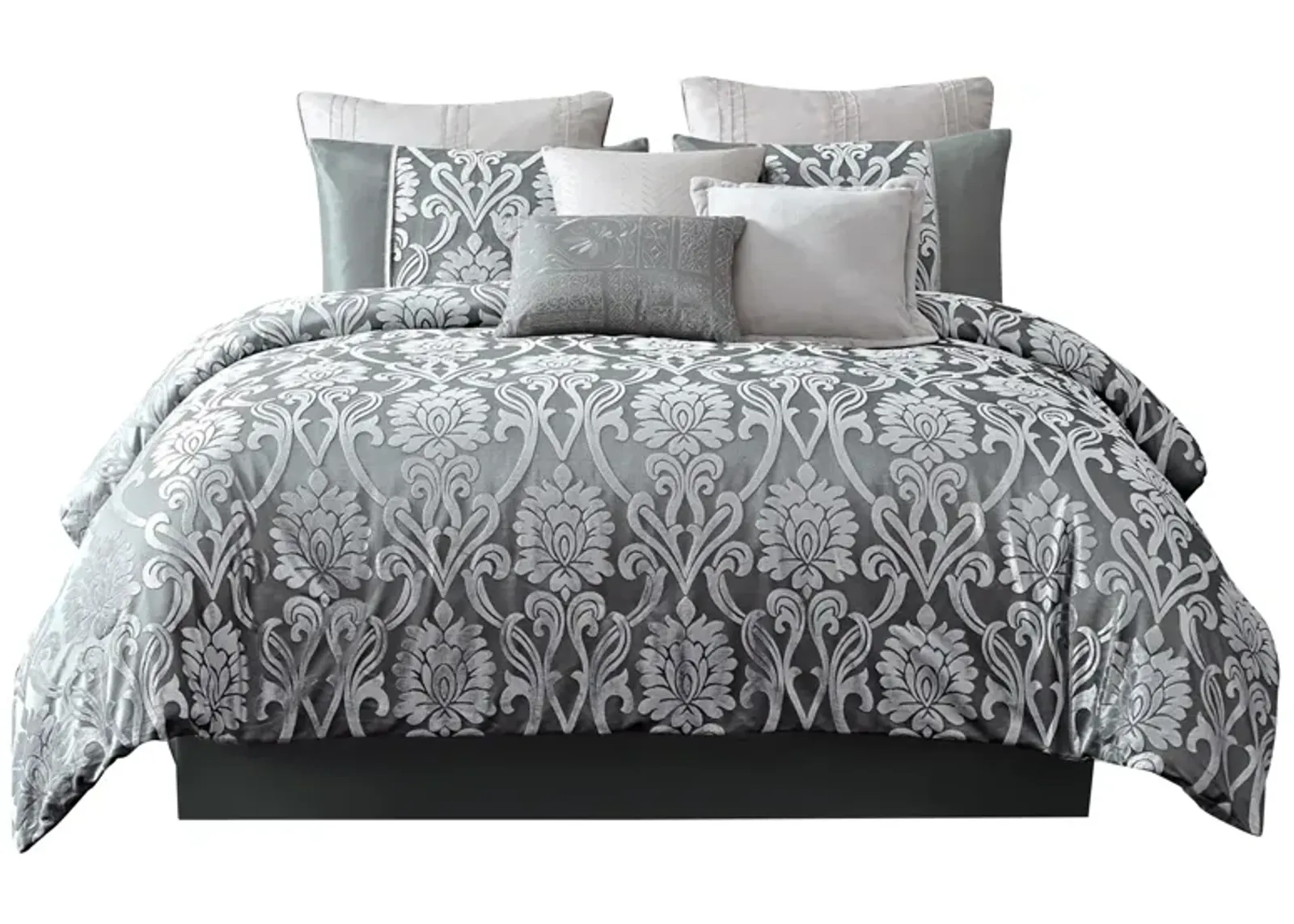 Emma 9 Piece Polyester Queen Comforter Set, Gray Silver Velvet Damask Print - Benzara