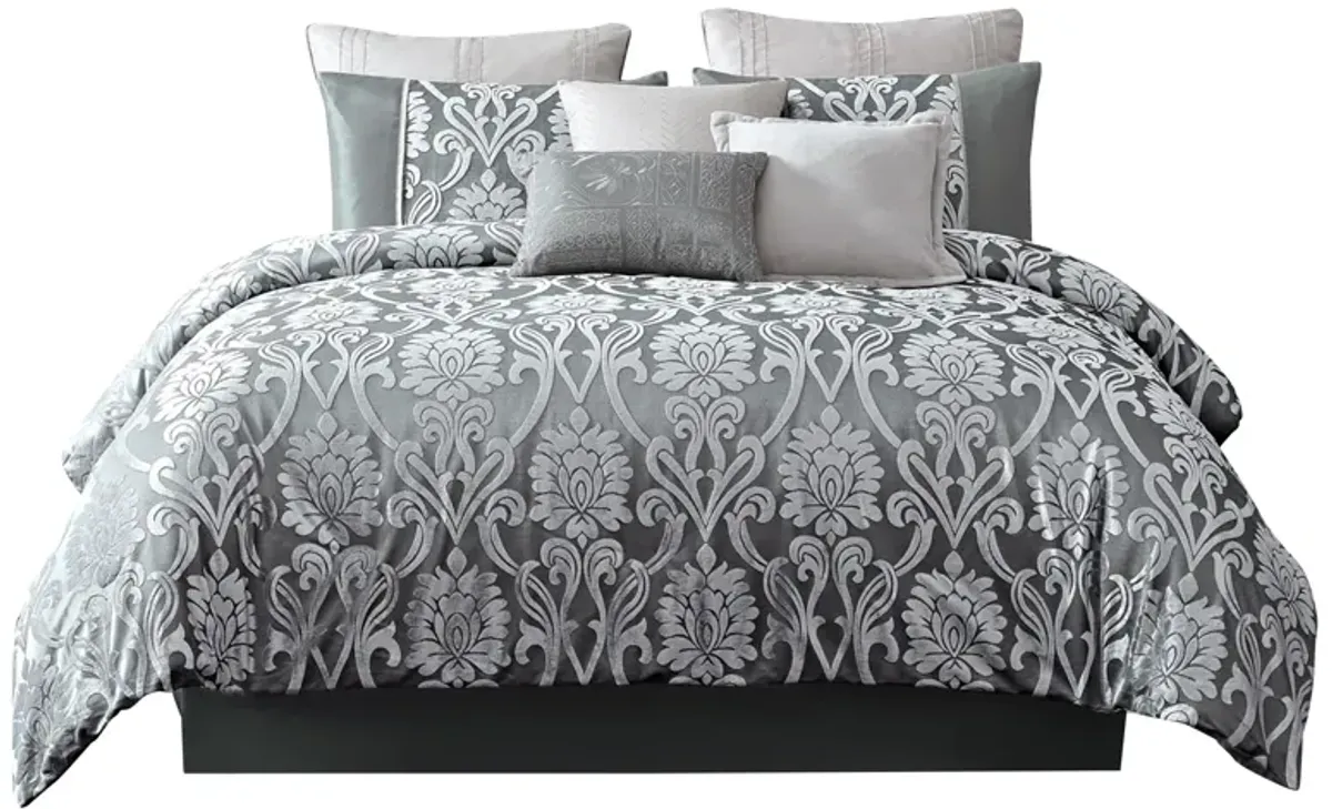 Emma 9 Piece Polyester Queen Comforter Set, Gray Silver Velvet Damask Print - Benzara