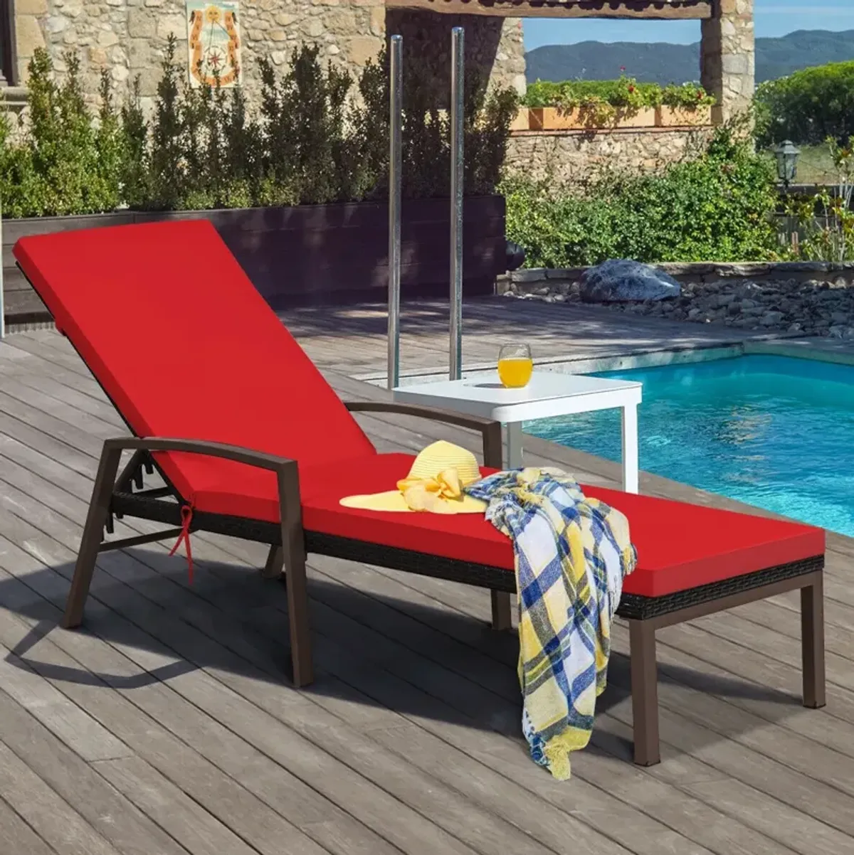 Patio Rattan Lounge Chaise Recliner with Back Adjustable Cushioned