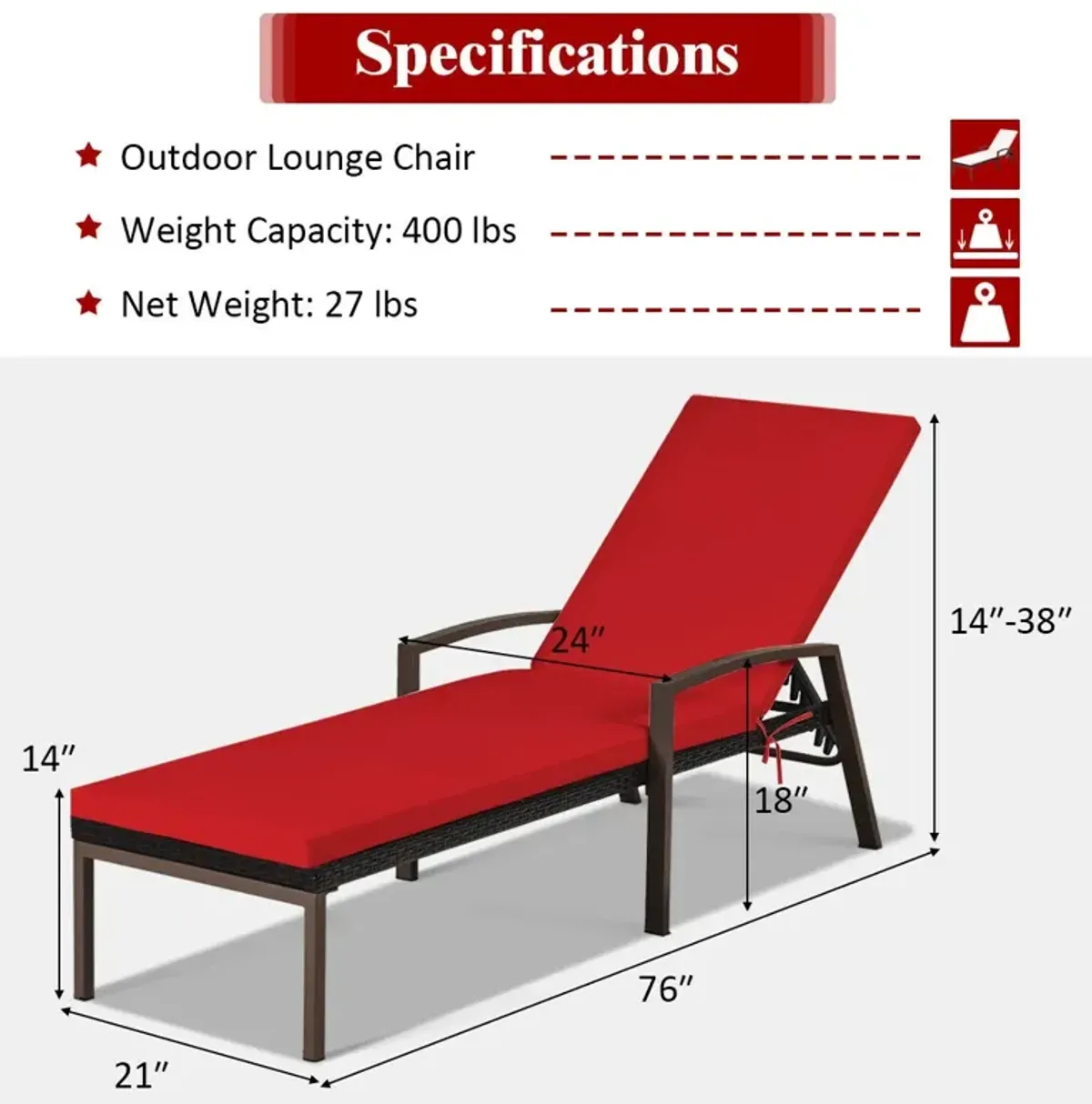 Patio Rattan Lounge Chaise Recliner with Back Adjustable Cushioned