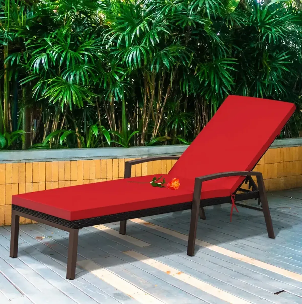 Patio Rattan Lounge Chaise Recliner with Back Adjustable Cushioned