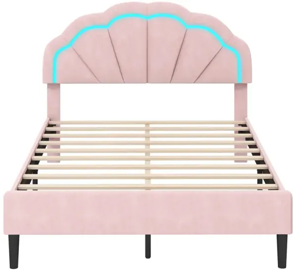 Upholstered LED Bed Frame with Adjustable Flower Headboard