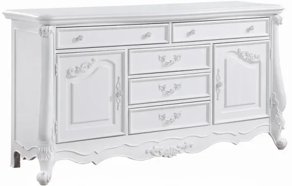 Maver Wide Dresser Chest with 6 Drawers, 2 Doors, Classic White Wood - Benzara