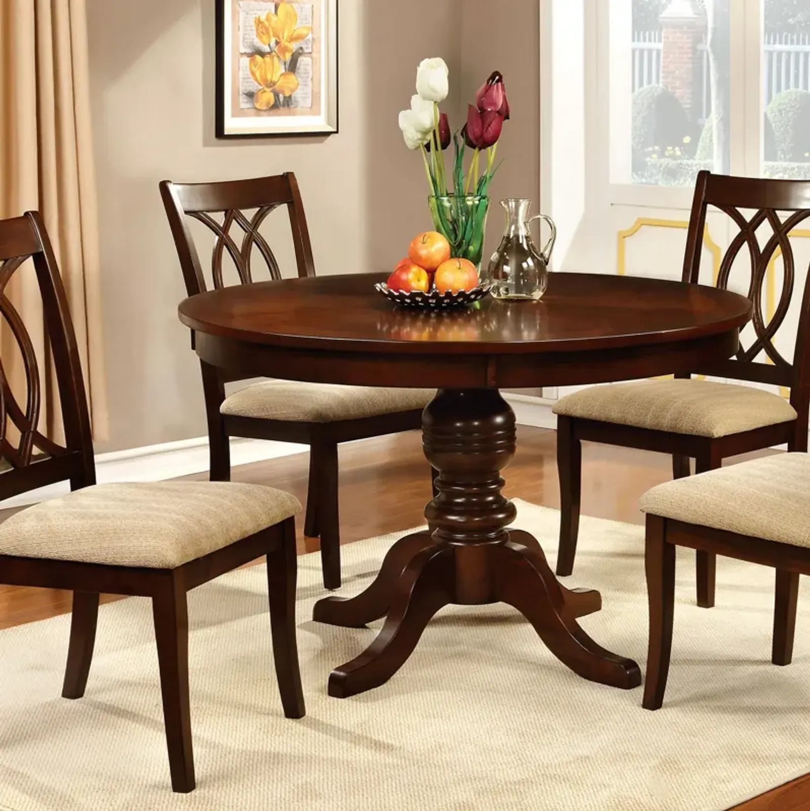 Round Wooden Dining Table with Pedestal Base, Brown-Benzara