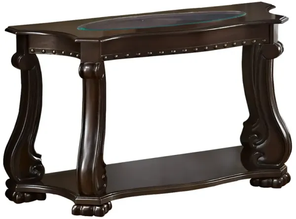 Traditional Wood and Glass Sofa Table with Rivet Accents, Brown-Benzara