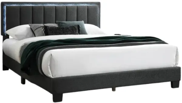 Zemo Queen Size Bed, LED Headboard, Charcoal Gray Wool Upholstery  - Benzara