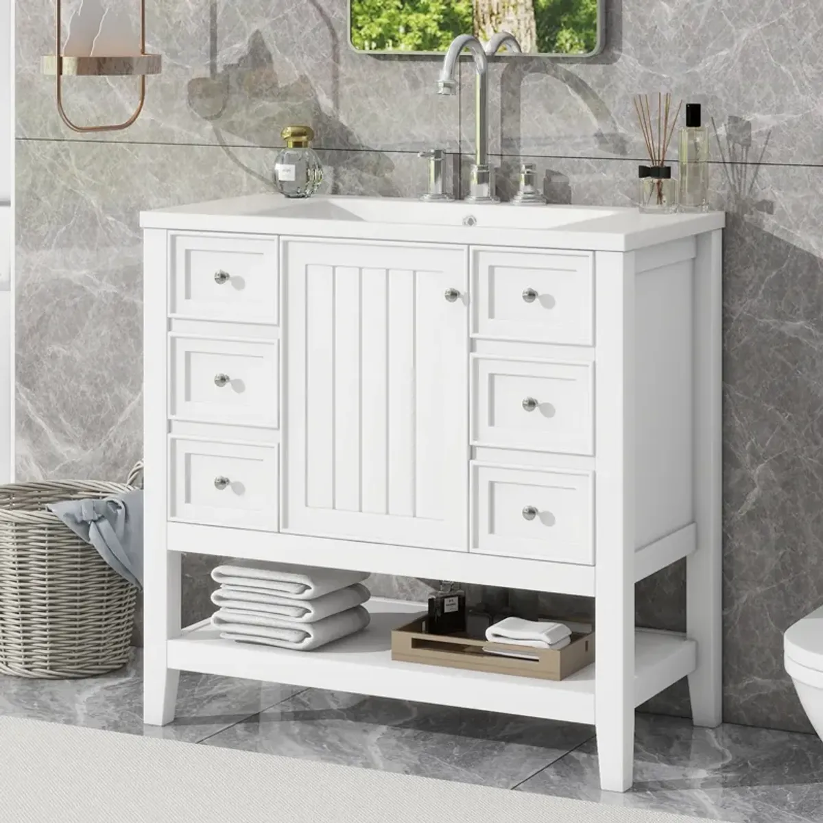 Whisen 36" Bathroom Storage Cabinet Bathroom Vanity with Ceramic Sink, One Cabinet and 3 Drawers