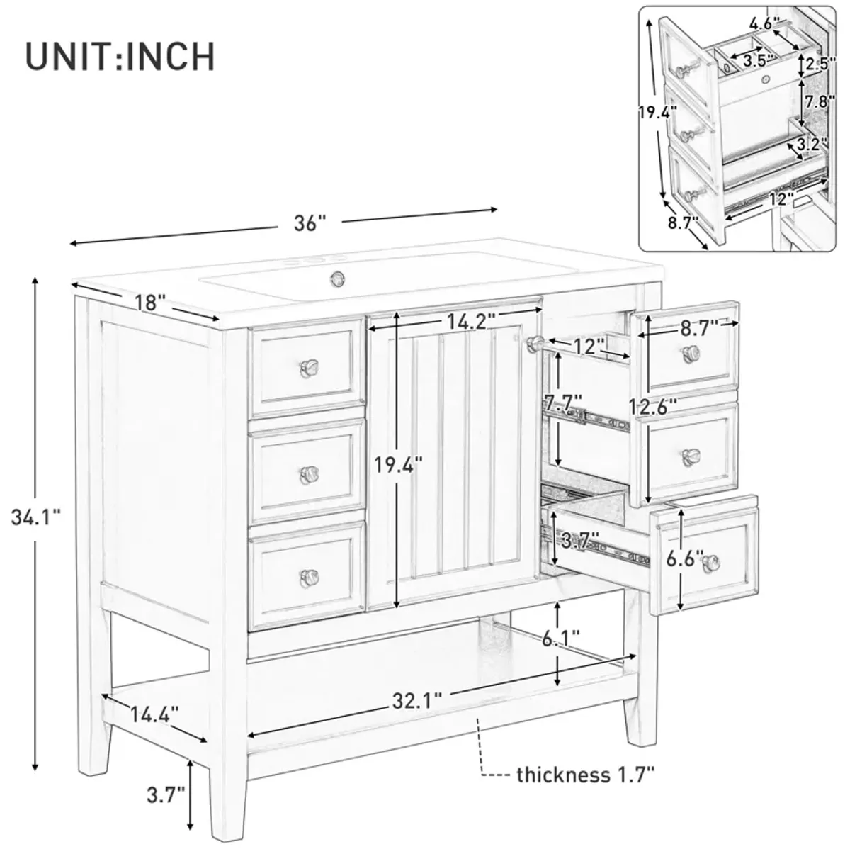Whisen 36" Bathroom Storage Cabinet Bathroom Vanity with Ceramic Sink, One Cabinet and 3 Drawers