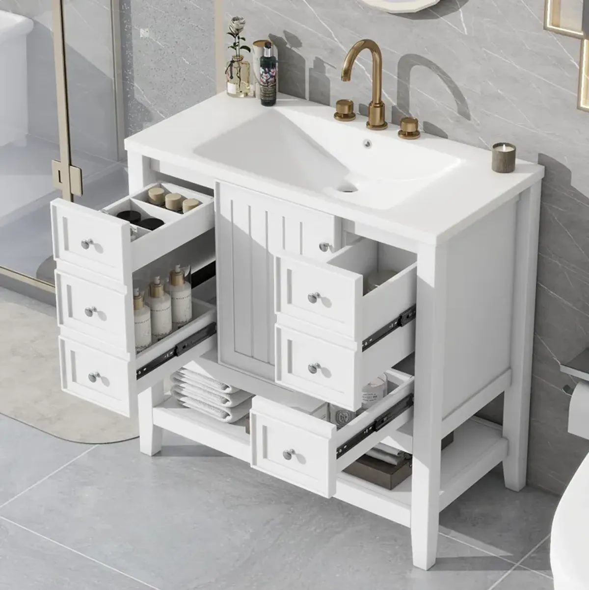 Whisen 36" Bathroom Storage Cabinet Bathroom Vanity with Ceramic Sink, One Cabinet and 3 Drawers