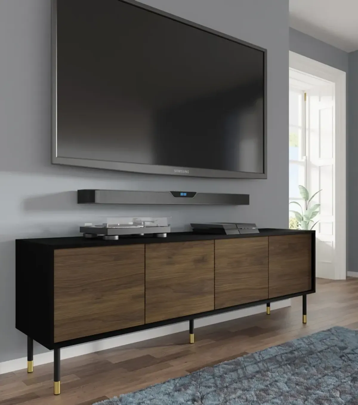 TV Stand SHERWOOD 70.87 in 4D Black matt - Catania Oak