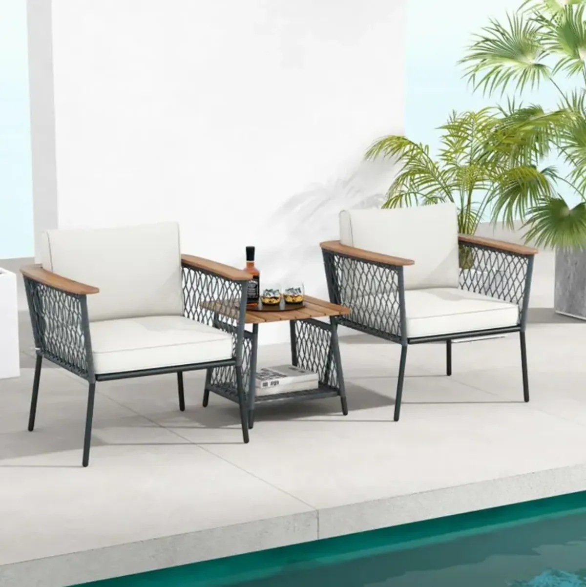 Hivvago 3 Piece Patio Furniture Set Rattan Chair Set with 2-Tier Coffee Table