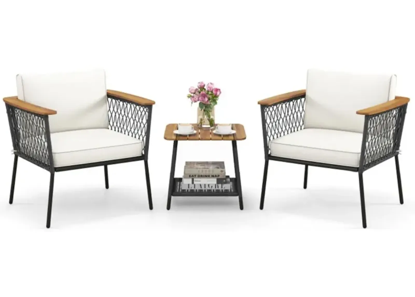 Hivvago 3 Piece Patio Furniture Set Rattan Chair Set with 2-Tier Coffee Table