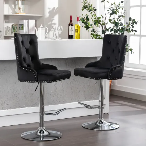 Swivel Velvet Bar Stools Adjustable Seat Height, Modern Upholstered Bar Stools with Backs Comfortable Tufted for Home Pub and Kitchen Island（Black, Set of 2）