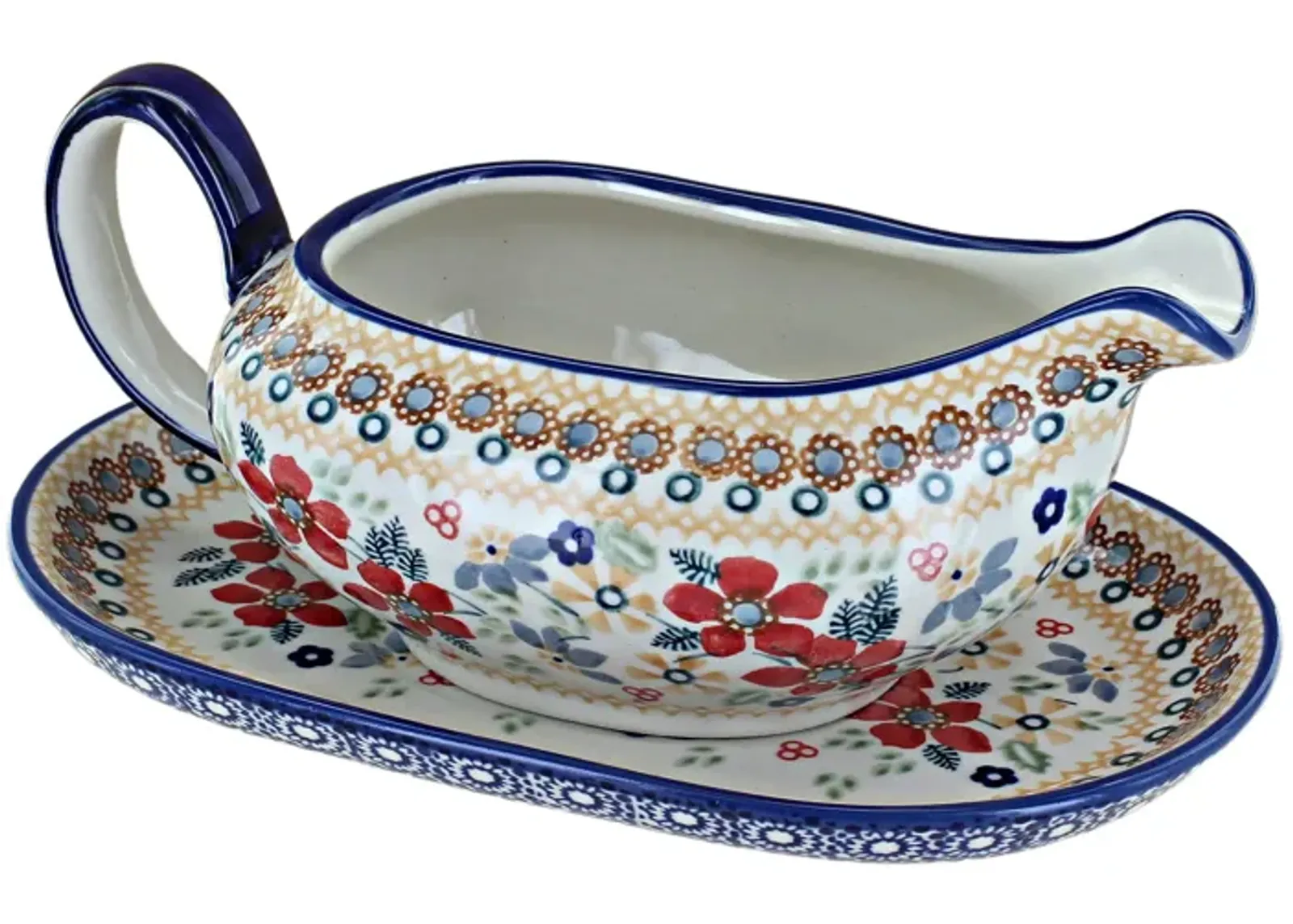 Blue Rose Polish Pottery Blue Butterfly Gravy Boat & Plate