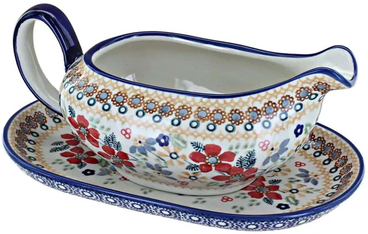 Blue Rose Polish Pottery Blue Butterfly Gravy Boat & Plate