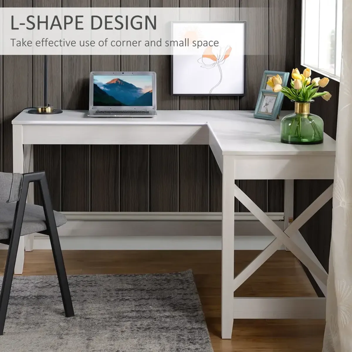 White Home Office: 57" L-Shaped Corner Computer Desk