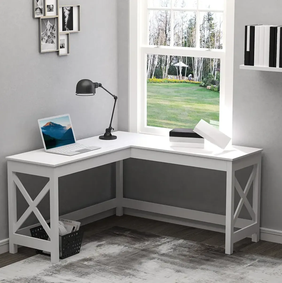 White Home Office: 57" L-Shaped Corner Computer Desk