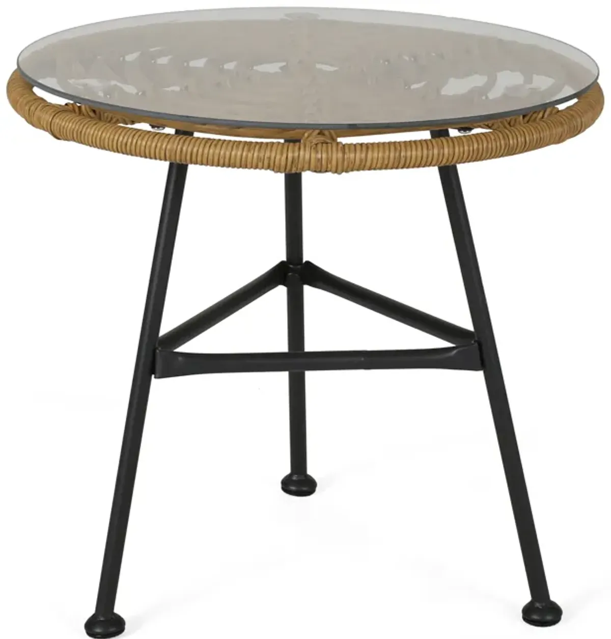 Tee Outdoor Side End Table, 20 Inch Rattan Weave, Glass Top, Steel - Benzara