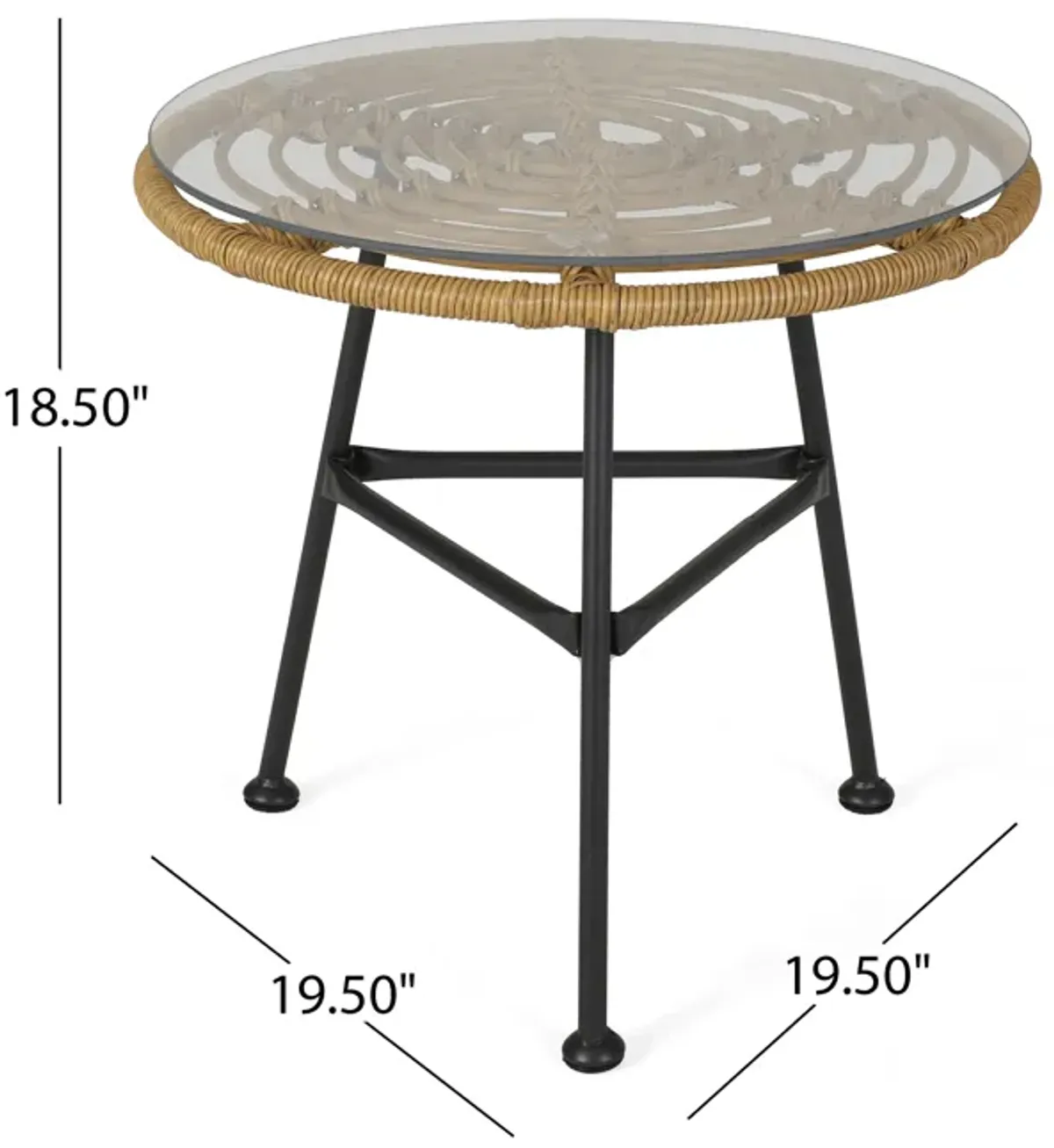 Tee Outdoor Side End Table, 20 Inch Rattan Weave, Glass Top, Steel - Benzara