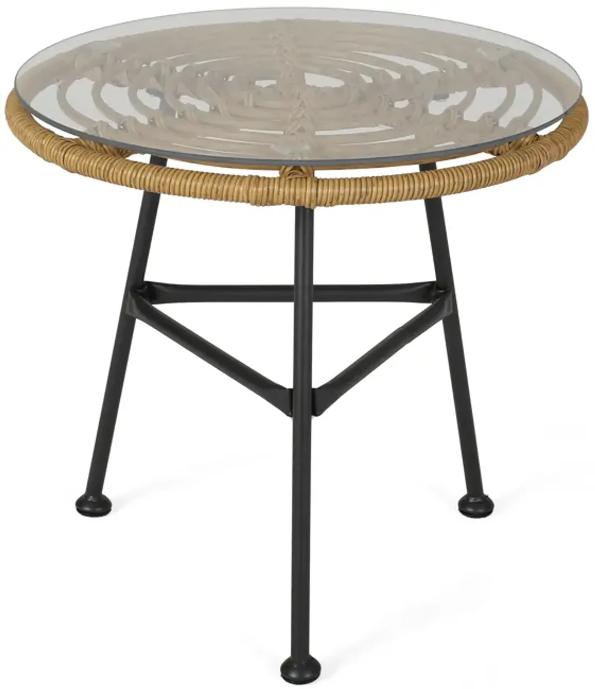 Tee Outdoor Side End Table, 20 Inch Rattan Weave, Glass Top, Steel - Benzara