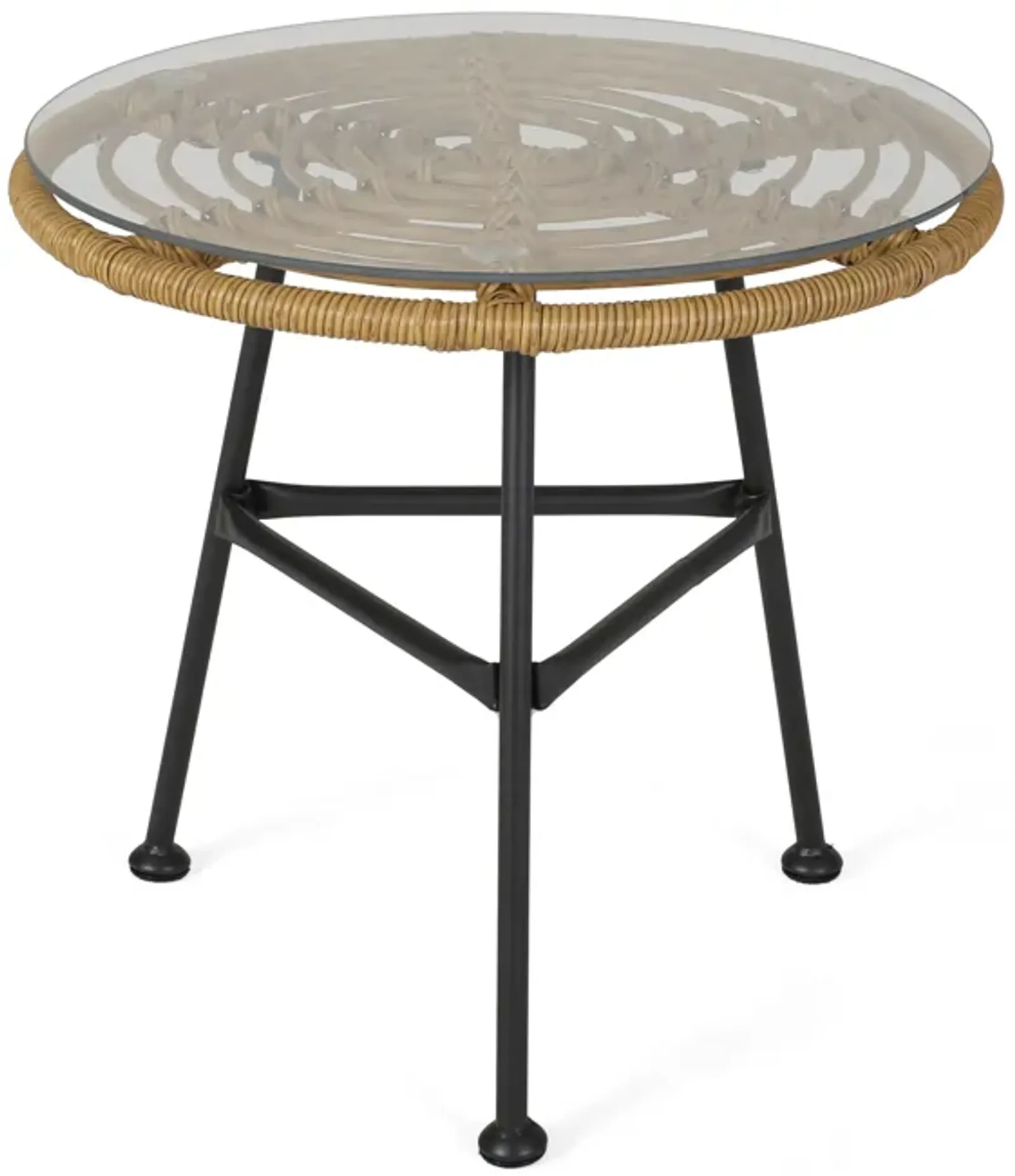 Tee Outdoor Side End Table, 20 Inch Rattan Weave, Glass Top, Steel - Benzara