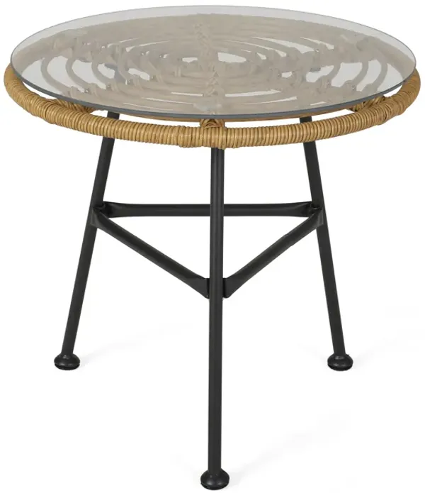 Tee Outdoor Side End Table, 20 Inch Rattan Weave, Glass Top, Steel - Benzara