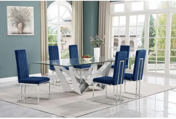 7pc Large(94") glass top dining set with silver base and 6 Navy blue side chairs