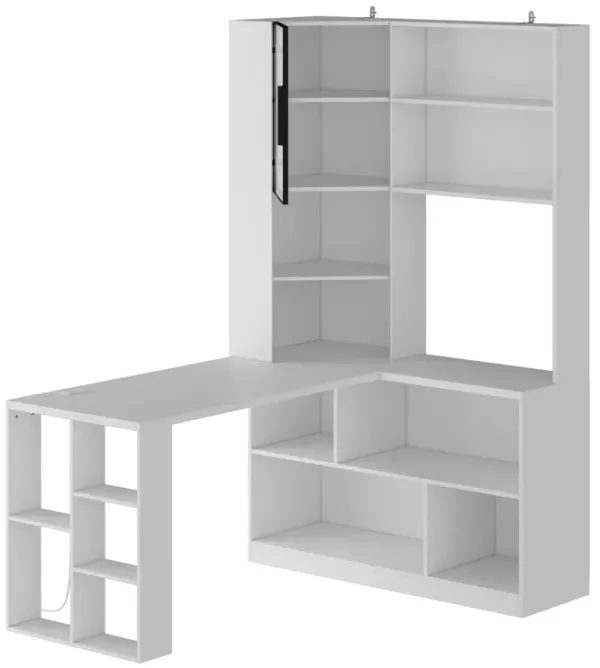 63 in. W L-Shape White Wooden No Drawer Computer Desk, Writing Desk with 15 Open Shelves for Storage