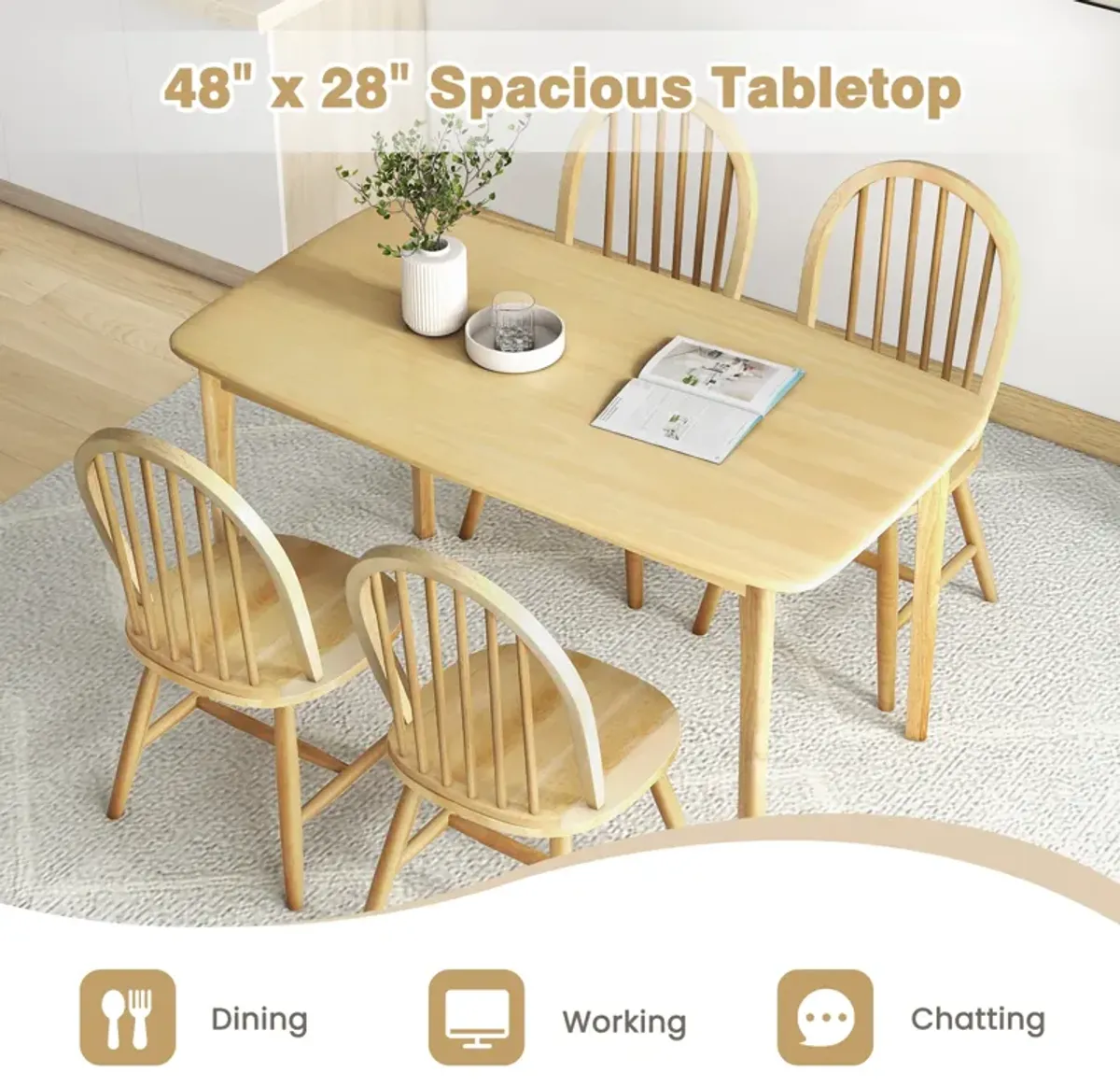 5 Pieces Wooden Dining Table Set with 4 Windsor Chairs