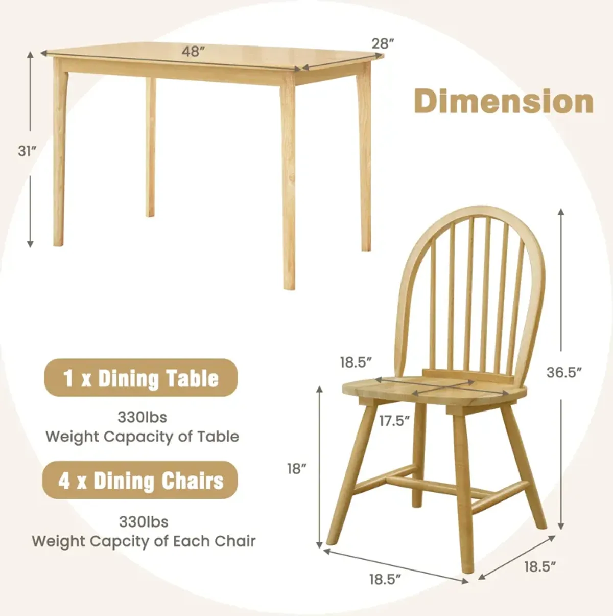 5 Pieces Wooden Dining Table Set with 4 Windsor Chairs